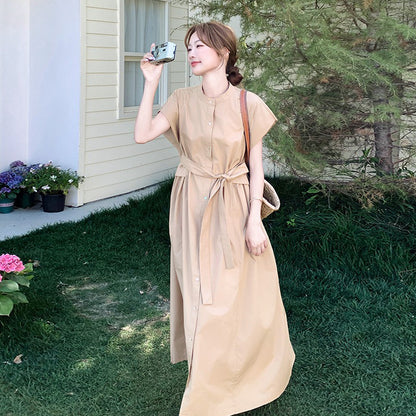 【ワンピース】カジュアル スリム見え カーキ シャツワンピース レディース 夏 ロング丈 個性的で美しい 気品あるおしゃれスタイル【JZシリーズ】