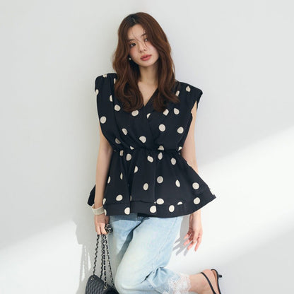 【トップス】ストライプ風 Vネック ノースリーブ ドット柄 ウエストマーク Tシャツ レディース きれいめ 若見え こなれ感【JZシリーズ】