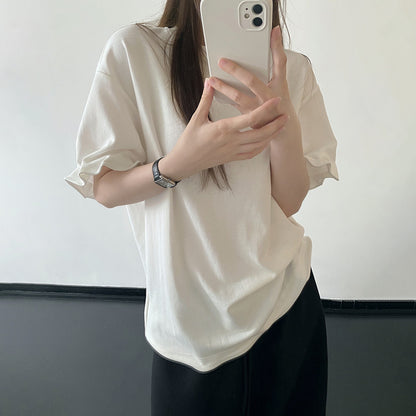 【トップス】ホワイト ニットデザイン 半袖Tシャツ ゆったりシルエット 着痩せ シンプル カジュアル トップス【FCシリーズ】