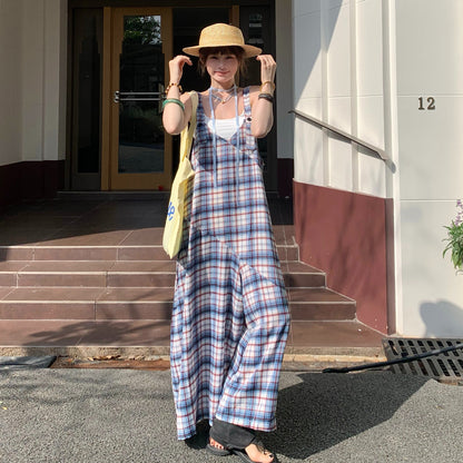 【ボトムス】ゆったりリラックス感 Vネック レトロチェック柄 オールインワン【SHシリーズ】