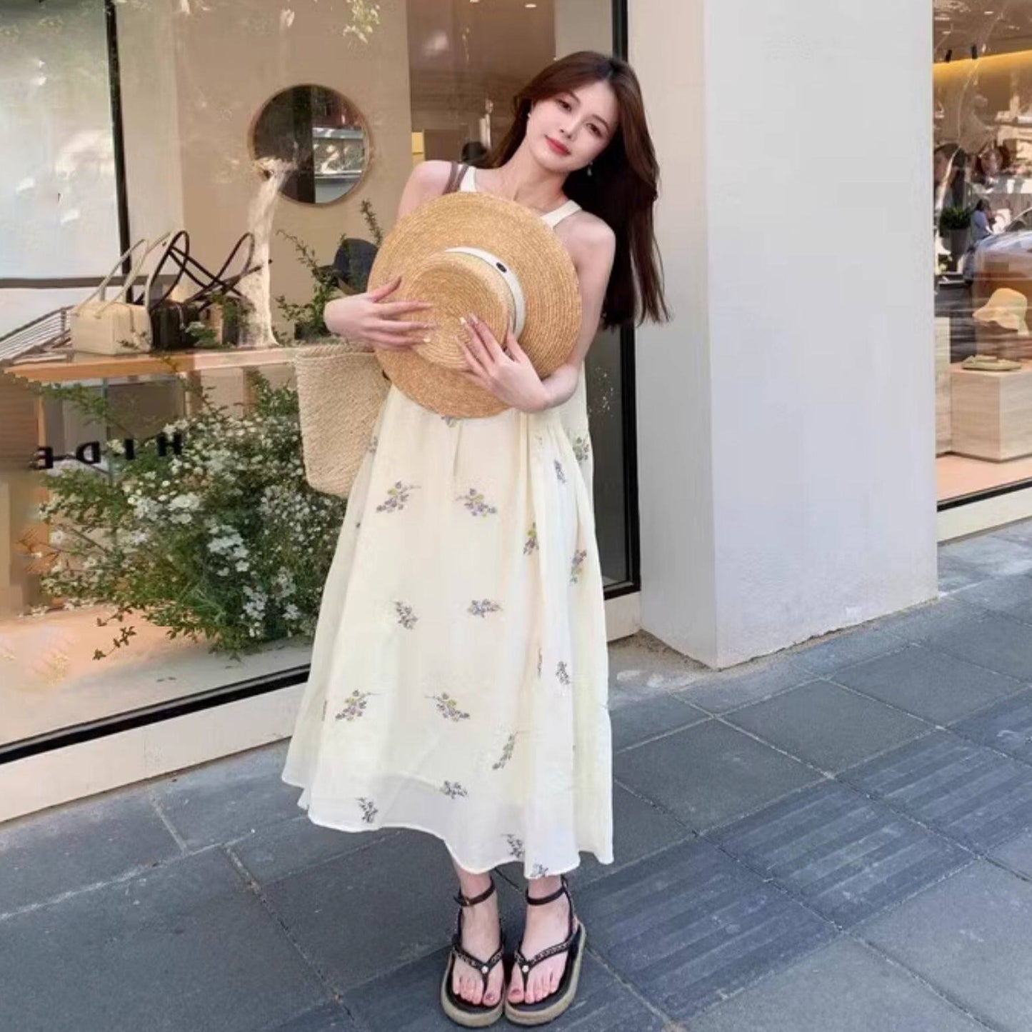 【ワンピース】夏 ノースリーブ ロング リゾート風 フレンチ風 森ガール 体型カバー 海辺 ビーチドレス 人気 新作【SHシリーズ】