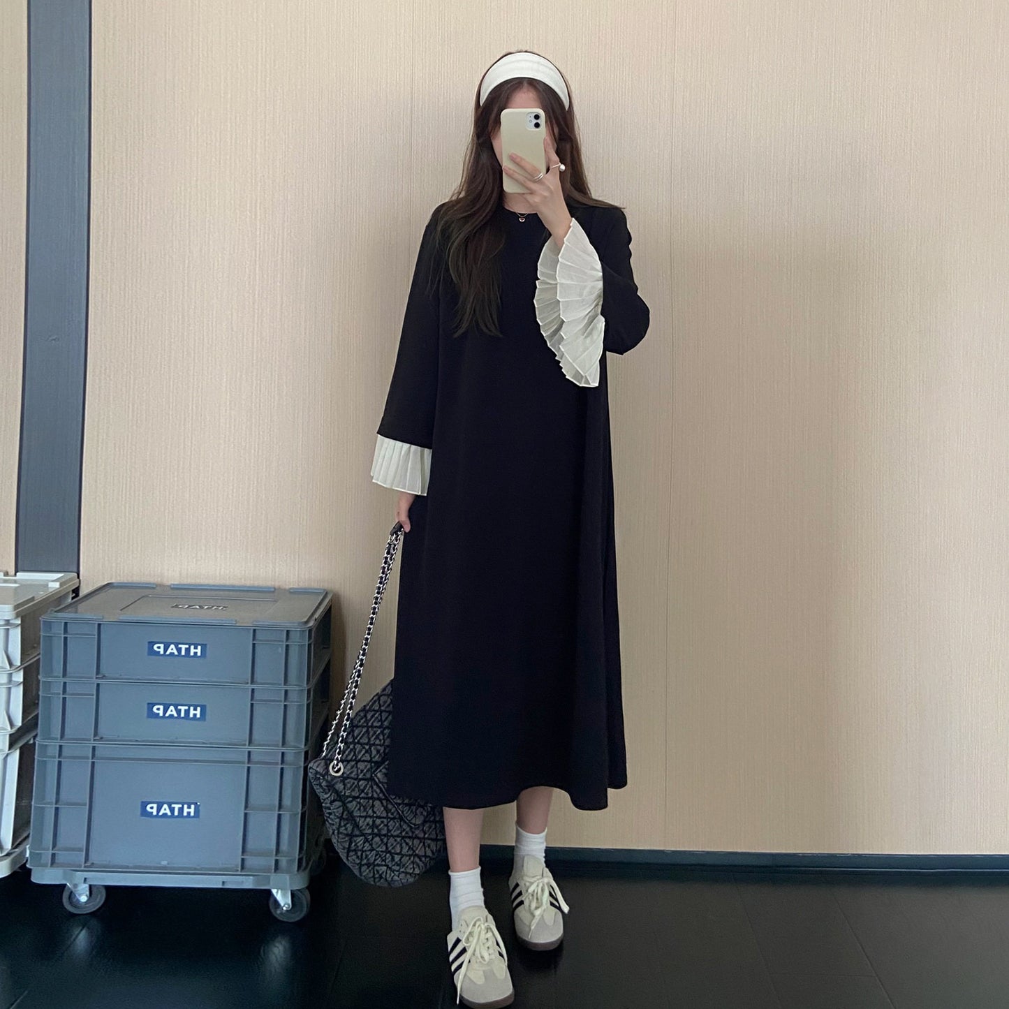 【ワンピース】配色切替長袖ワンピース レディース 秋新作 ゆったり 体型カバー 着痩せ見え ロング丈【JZシリーズ】