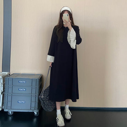 【ワンピース】配色切替長袖ワンピース レディース 秋新作 ゆったり 体型カバー 着痩せ見え ロング丈【JZシリーズ】