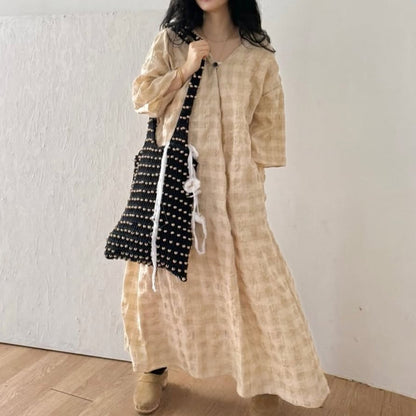 【ワンピース】配色チェック柄 半袖ワンピース｜肌触りの良い ゆったり 体型カバーも叶うロング丈【SHシリーズ】