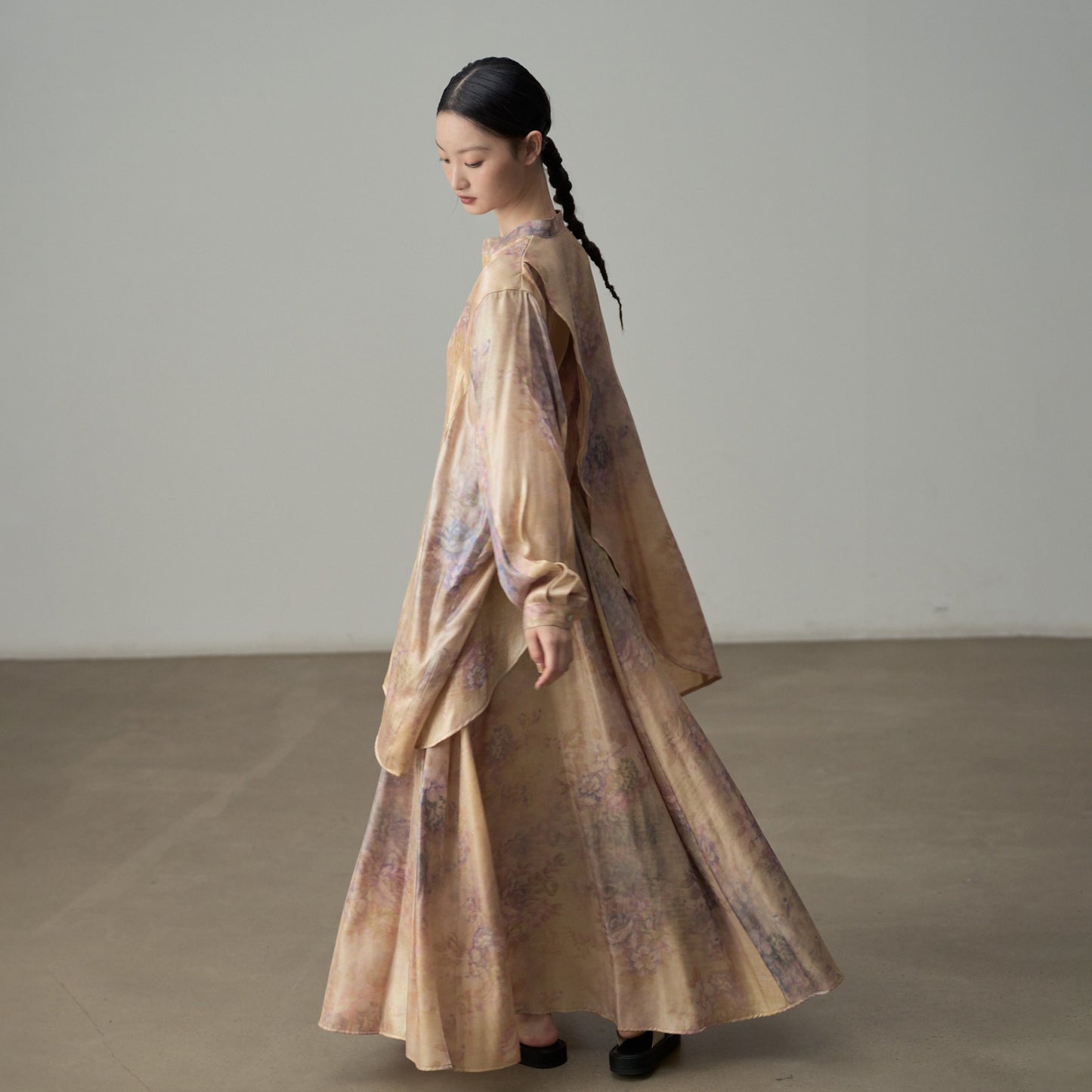 【単品注文】【セットアップ】新中華風 レトロ 薄手 UVカット プリント ゆったり 体型カバー 長袖シャツ＋フレアスカート【SHシリーズ】