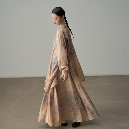 【単品注文】【セットアップ】新中華風 レトロ 薄手 UVカット プリント ゆったり 体型カバー 長袖シャツ＋フレアスカート【SHシリーズ】