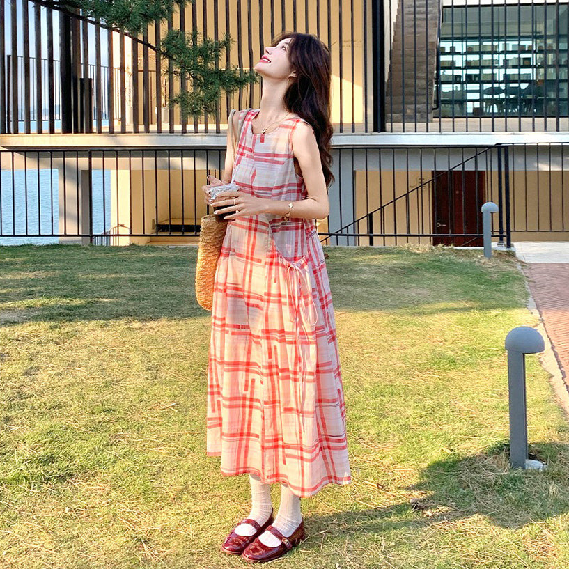 【ワンピース】フレンチヴィンテージ チェック柄 ノースリーブキャミソールワンピース 夏 文芸的な リゾート風【SHシリーズ】
