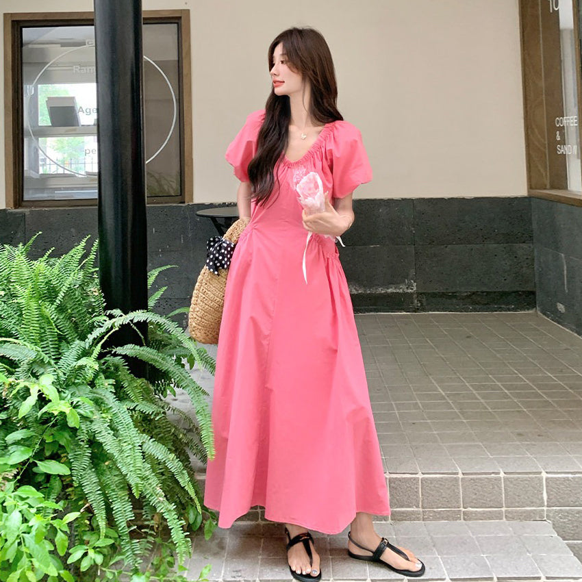【ワンピース】パフスリーブ ワンピース レディース 夏 Vネック 半袖 ロングワンピース 細見え ウエストマーク 人気 フレンチ風【SHシリーズ】