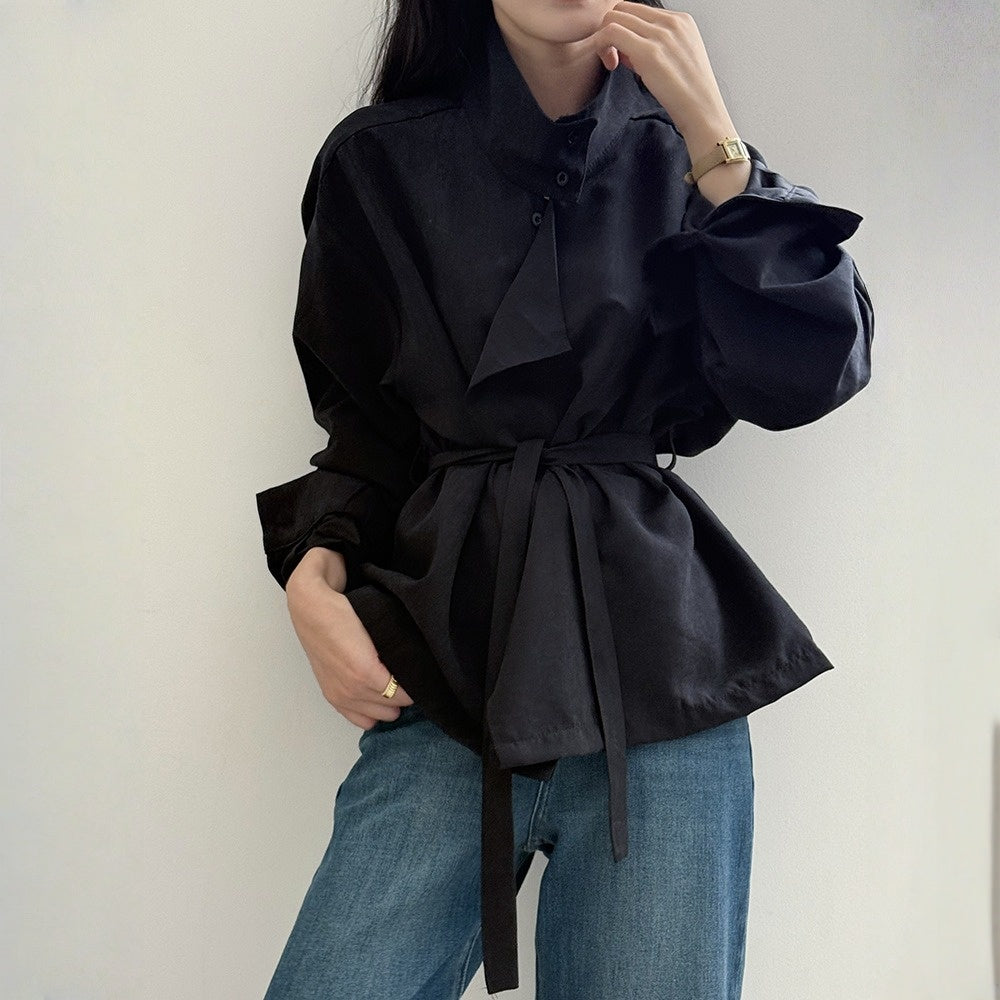 【トップス】春 秋 冬 ハイネック ウエストベルベット調 リボン シャツ 【JZシリーズ】