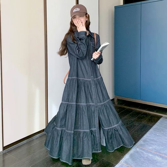 【ワンピース】デニム ステッチ ウエストマーク 着痩せ効果 シャツワンピース 【JZシリーズ】