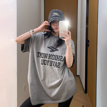 【トップス】【10～12日内発送】 夏 アメリカンウォッシュ加工 ヴィンテージ風デザイン ロゴプリント 綿100％ 半袖Tシャツ【FCシリーズ】