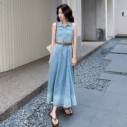 【ワンピース】デニムワンピース ノースリーブ フレンチレトロ ロング丈 ウエストマーク Aライン 大きいサイズ 着痩せ 体型カバー きれいめ 上品【JZシリーズ】