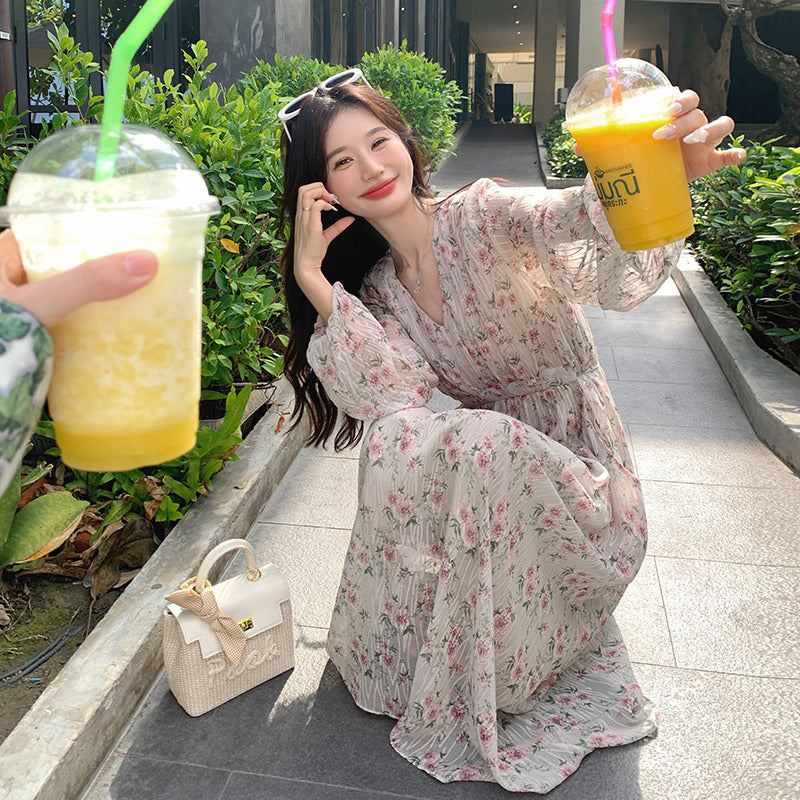 【ワンピース】フレンチ 花柄 長袖ワンピース｜韓国風マキシ丈ワンピース・足首まで届く絶美シルエット【SHシリーズ】