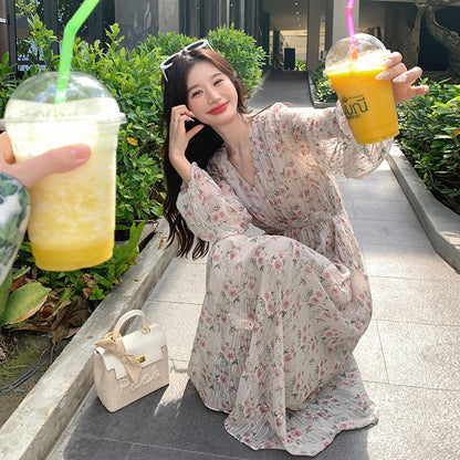 【ワンピース】フレンチ 花柄 長袖ワンピース｜韓国風マキシ丈ワンピース・足首まで届く絶美シルエット【SHシリーズ】