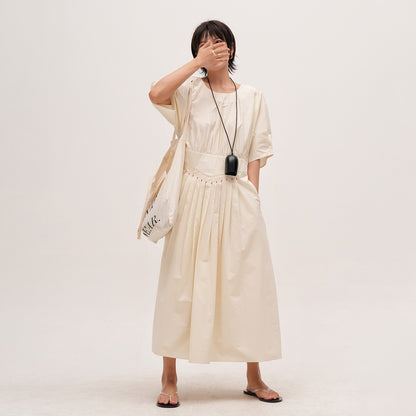 【ワンピース】ウォッシュド 高密度綿 半袖ワンピース レディース 小众デザイン 夏用 薄手 ロングドレス【JZシリーズ】