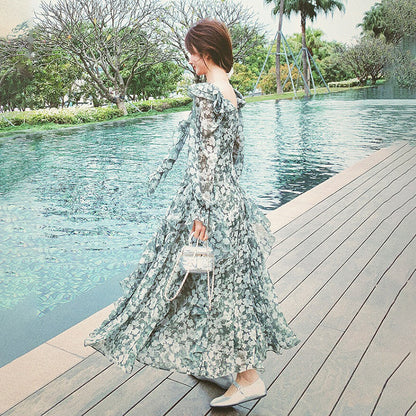 【ワンピース】森系花柄シフォン長袖ワンピース レディース 春夏秋 薄手 ウエストマーク Aライン ロング丈【SHシリーズ】