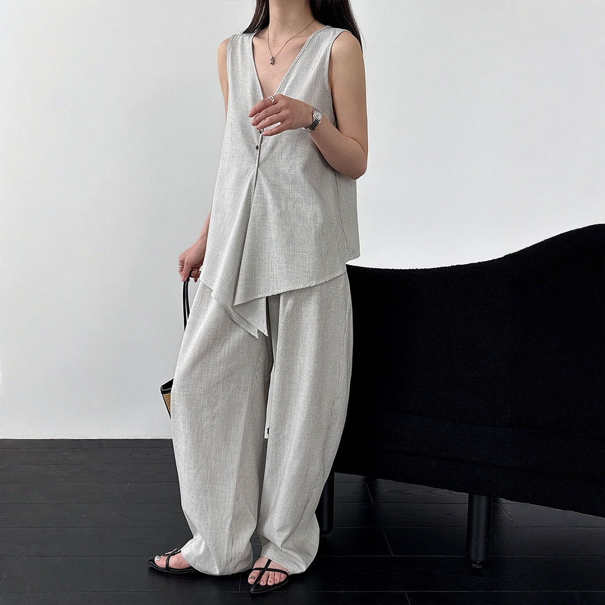 【セットアップ】テンセル×リネン ノースリーブ ストライプトップス + カジュアルロングパンツ 2点上下セット 【JZシリーズ】