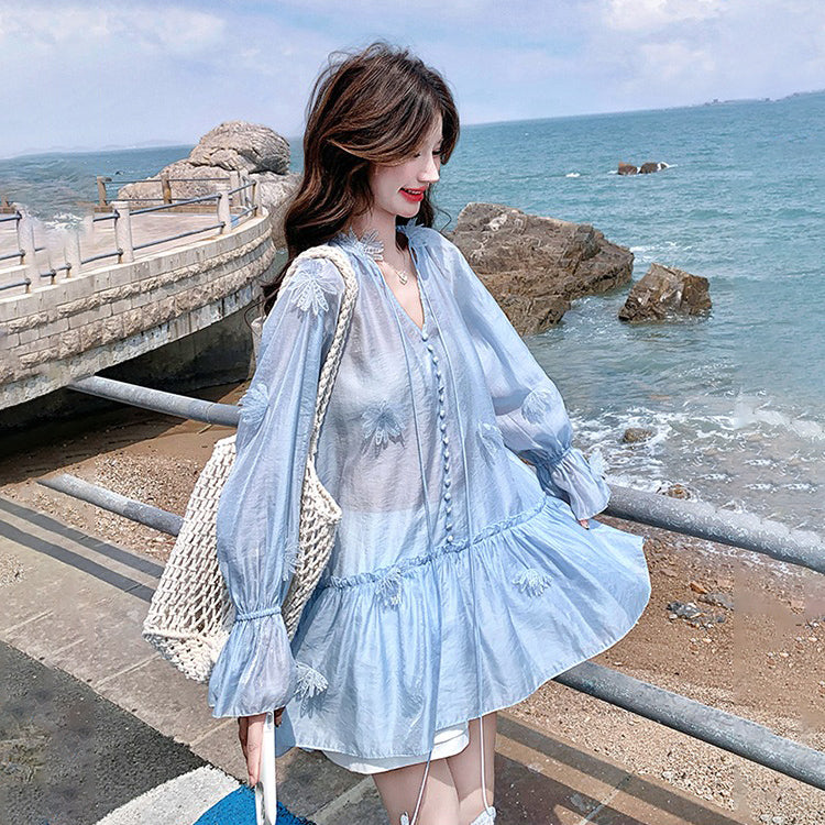 2点セット！【セットアップ】リゾート風 立体フラワー UVカット 長袖トップス＋ショートパンツ 上下セット【SHシリーズ】