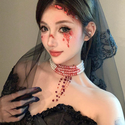 【ハロウィン】血糊パール フリンジチョーカー ゴシック風 コスプレ 花嫁 ネックレス アクセサリー