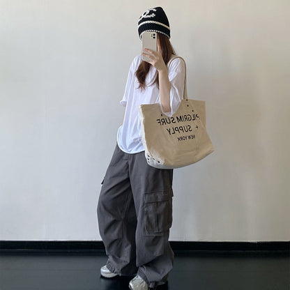 【トップス】ロゴプリント半袖Tシャツ レディース オーバーサイズ 裾フリンジ クルーネック リラックス【FCシリーズ】