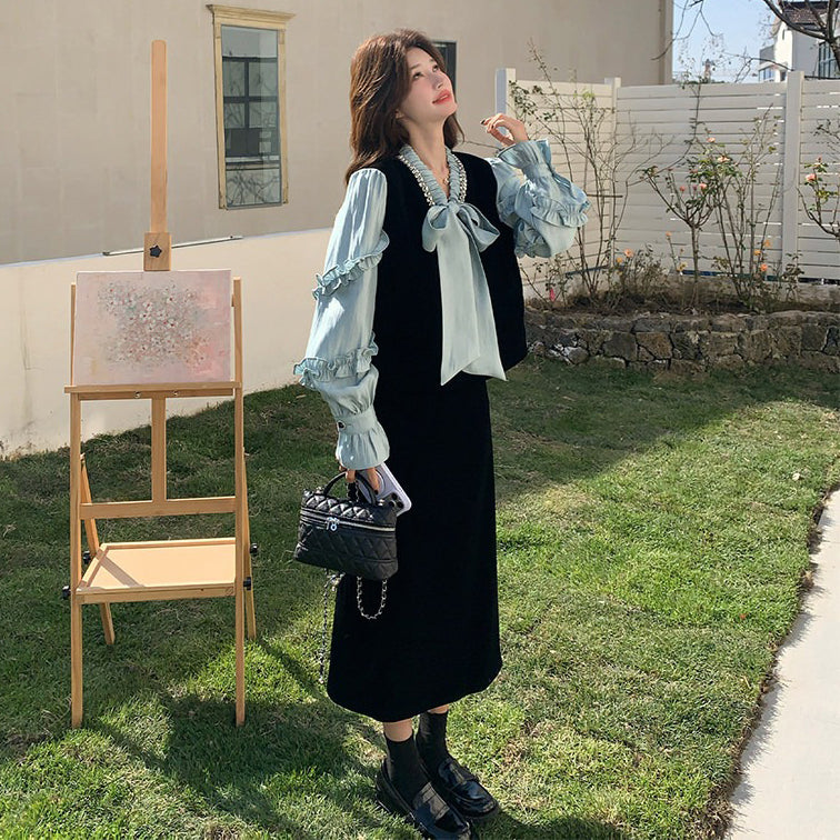 2点セット！【セットアップ】フレンチレトロ リボンブラウス＆スカート 上下セット 2026春新作 上品 レディース【JZシリーズ】