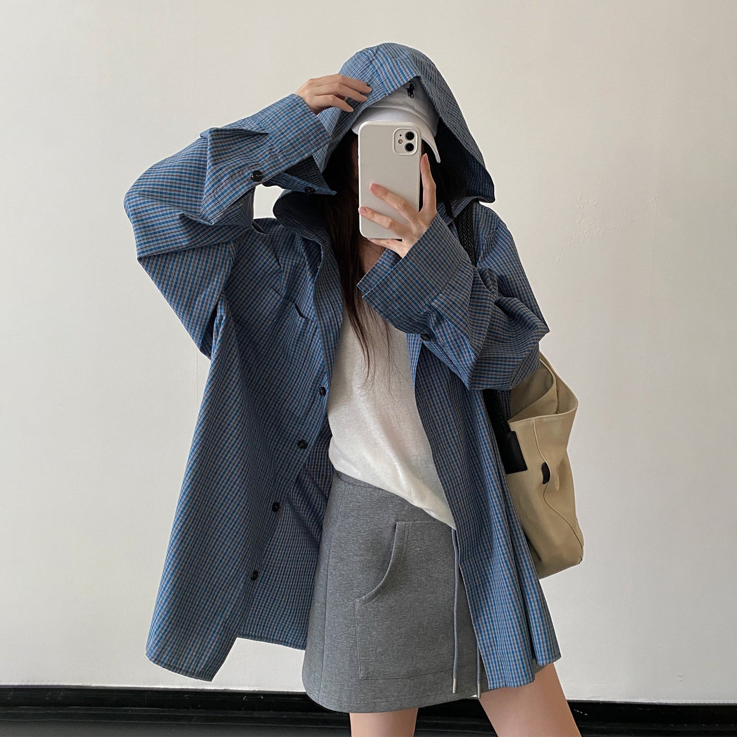 【アウター】ブルー系チェック フード付き ドローストリング オーバーサイズ 体型カバー シャツカーディガン【FCシリーズ】