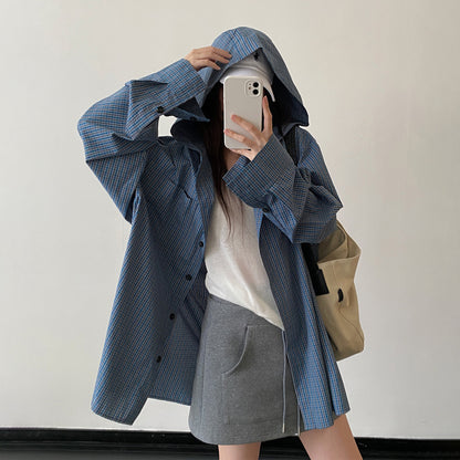 【アウター】ブルー系チェック フード付き ドローストリング オーバーサイズ 体型カバー シャツカーディガン【FCシリーズ】