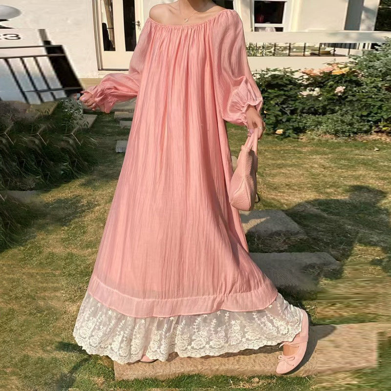 【ワンピース】7カラー 韓国風 ゆったり大きめサイズ オフショルダー レース スウィート ドレス 長袖ワンピース