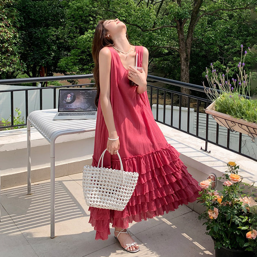 【ワンピース】夏 韓国系 気質 ケーキスカート フィリピンピンク ノースリーブ ワンピース