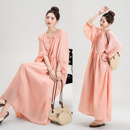 【ワンピース】キキョウピーチピンク リネン100％ ワンピース レディース 春夏 Vネック ロングワンピース ゆったり フレア ナチュラル【JZシリーズ】