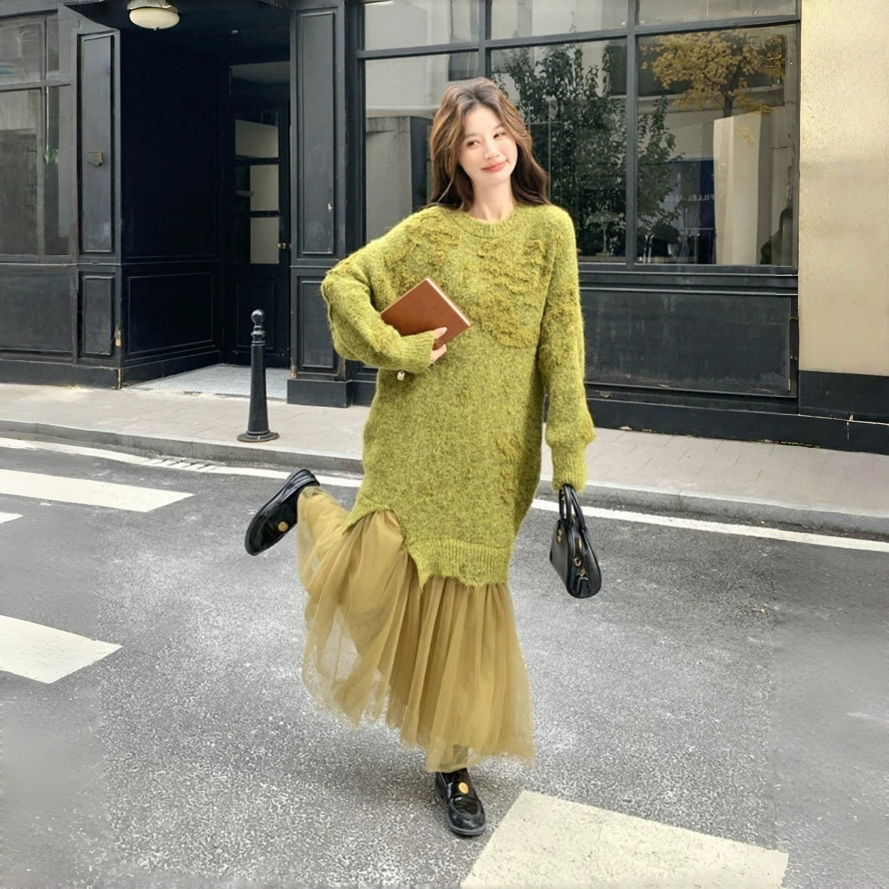 【ワンピース】気質よい レース 切り替えし フェイクレイヤード ニットワンピース【JZシリーズ】