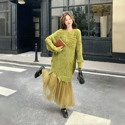 【ワンピース】気質よい レース 切り替えし フェイクレイヤード ニットワンピース【JZシリーズ】