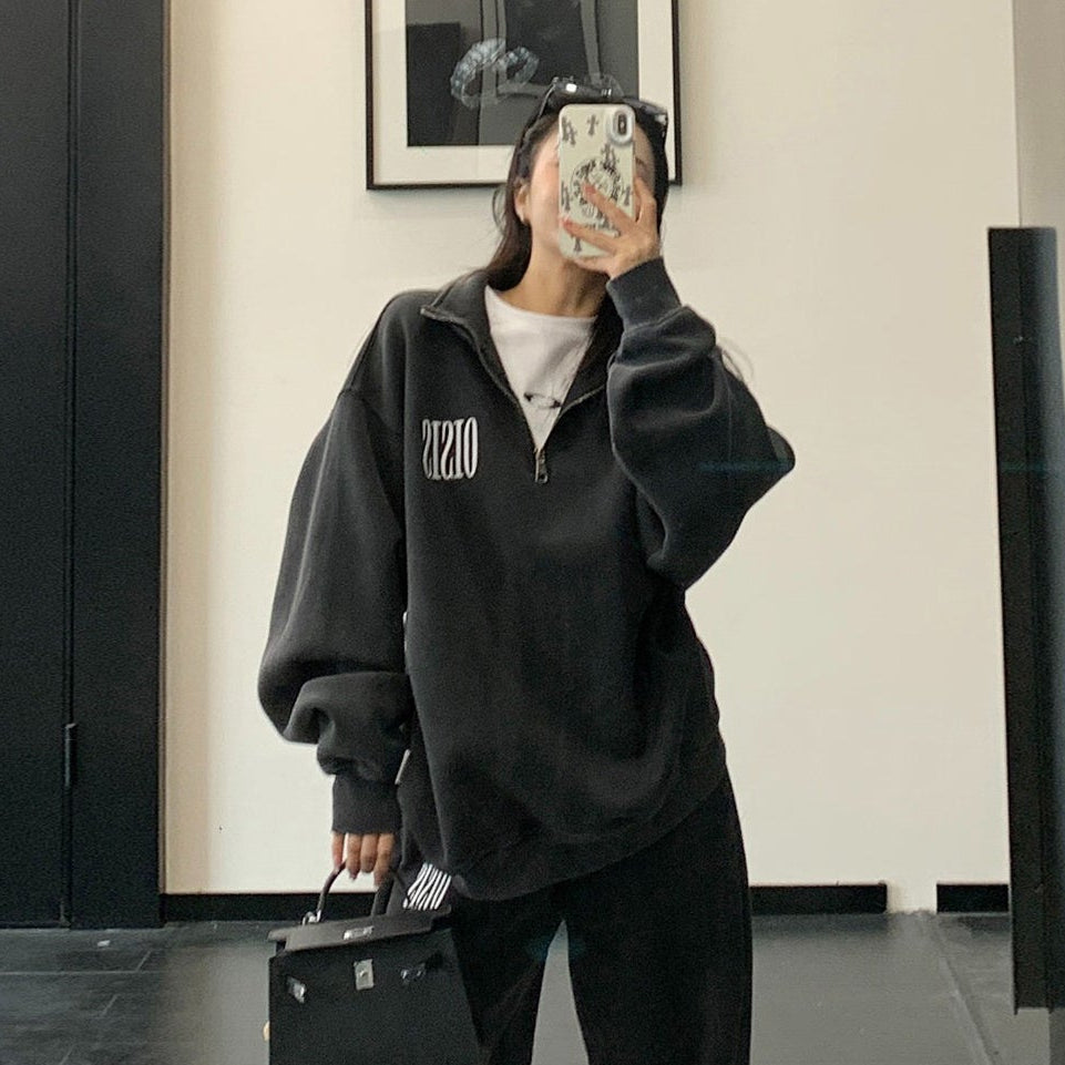 【セットアップ】【単品注文】アメリカンカジュアル ルーズシルエット ヴィンテージ スタンドカラー スウェット+パンツ 上下セット【FCシリーズ】