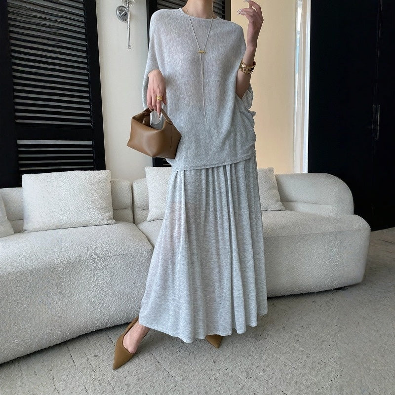 【セットアップ】ルーズでリラックス感 ドルマンスリーブ ニットトップス + ウエストゴム ハイウエストスカート 2点上下セット【JZシリーズ】