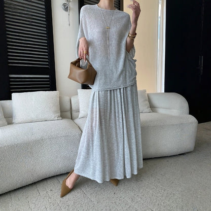 【セットアップ】ルーズでリラックス感 ドルマンスリーブ ニットトップス + ウエストゴム ハイウエストスカート 2点上下セット【JZシリーズ】