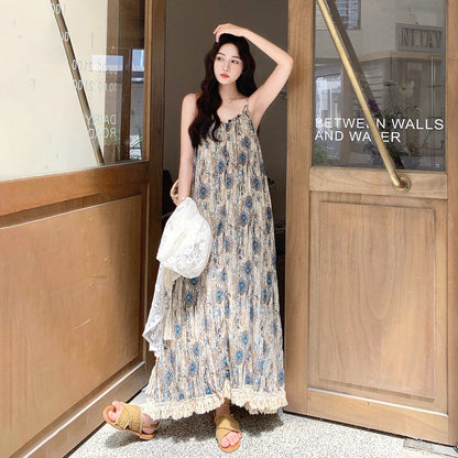 【ワンピース】レースショール付き！フレンチ風プリントノースリーブワンピース・夏のバカンスコーデ【SHシリーズ】