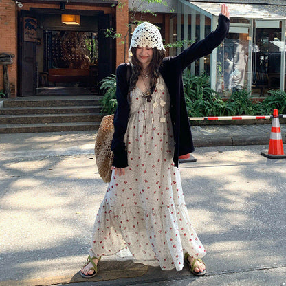 【ワンピース】大きいサイズ レディース 夏新作 フレンチ風 花柄 キャミワンピース 海辺 リゾート風  ノースリーブ ウエストマーク 着痩せ ロングワンピース【SHシリーズ】