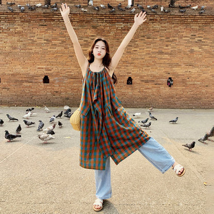 【ワンピース】バイカラー チェック柄 レイヤード風 ノースリーブワンピース レディース 夏 ゆったり 上品 トレンド感 ロングドレス【SHシリーズ】