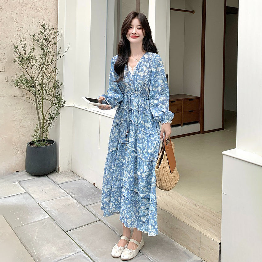 【ワンピース】フレンチエレガント レース Vネック 花柄長袖ワンピース 春秋 優しい雰囲気 超おしゃれ 若見え【SHシリーズ】