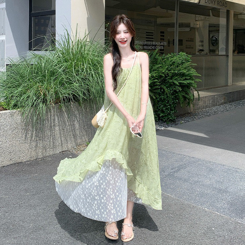 【ワンピース】グリーン ダブルレイヤー 小花柄 キャミワンピース 夏 レディース フェミニン リゾートワンピ【SHシリーズ】