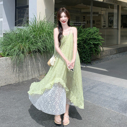 【ワンピース】グリーン ダブルレイヤー 小花柄 キャミワンピース 夏 レディース フェミニン リゾートワンピ【SHシリーズ】