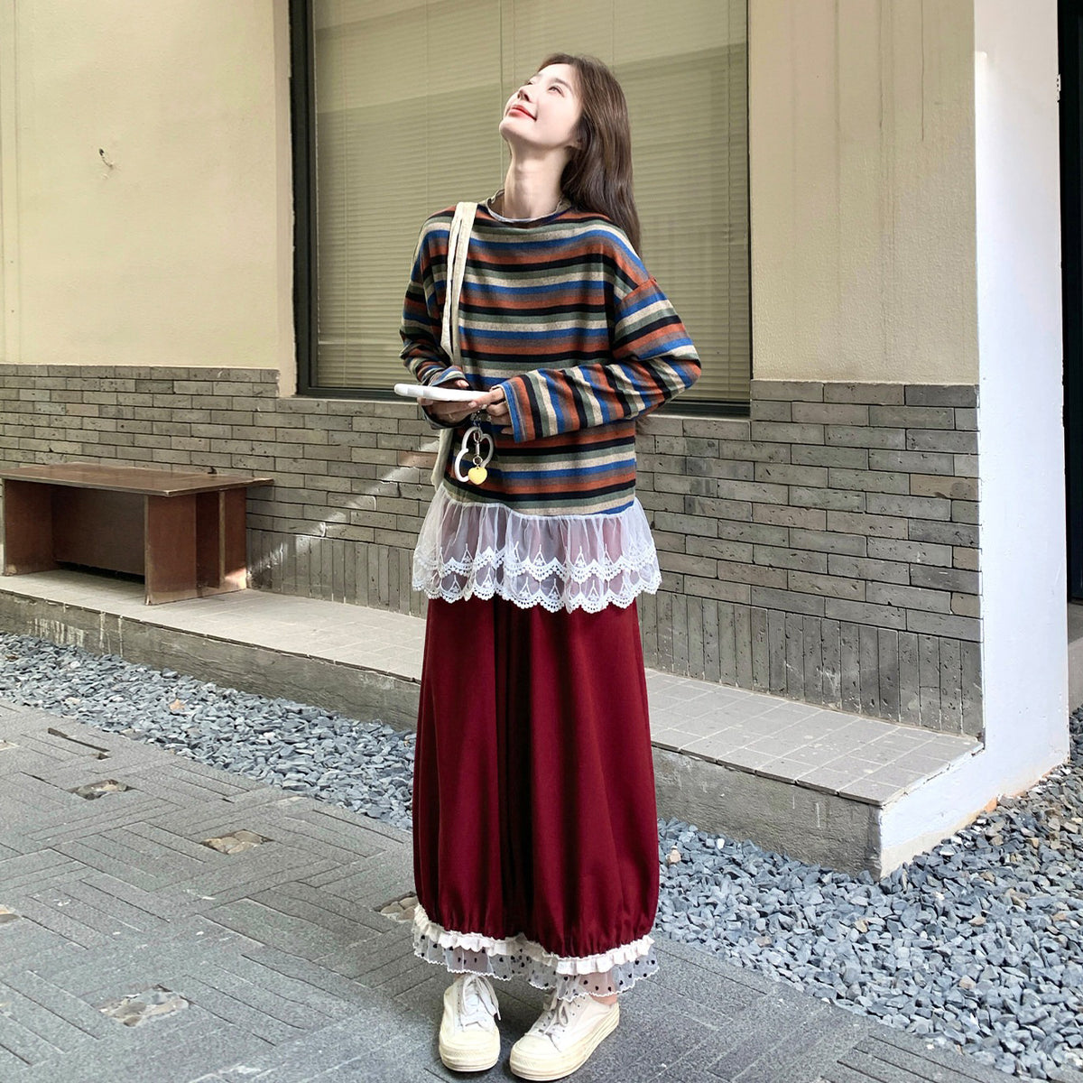 2点セット！【セットアップ】レトロ柄ストライプ切替レーススウェット＆ワイドパンツセット レディース 秋服 新作 大人カジュアル ゆったり体型カバー【JZシリーズ】