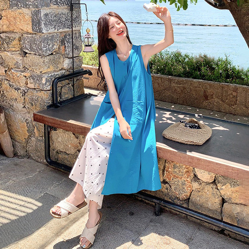 2点セット！【セットアップ】優しい系 ノースリーブシャツワンピース＋ ドット柄 ワイドパンツ 重ね着でおしゃれ