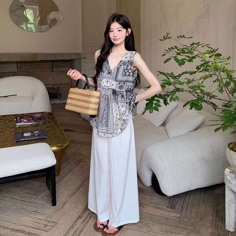 2点セット!【セットアップ】ボヘミアン柄セットアップ レディース 夏 ノースリーブシフォン＋ワイドパンツ 上下セット【SHシリーズ】