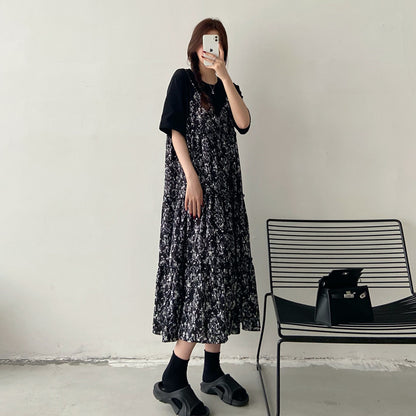 【ワンピース】フレンチ花柄シフォンワンピース レディース 夏 フェミニン 半袖 ロング丈 体型カバー 上品ワンピース【JZシリーズ】
