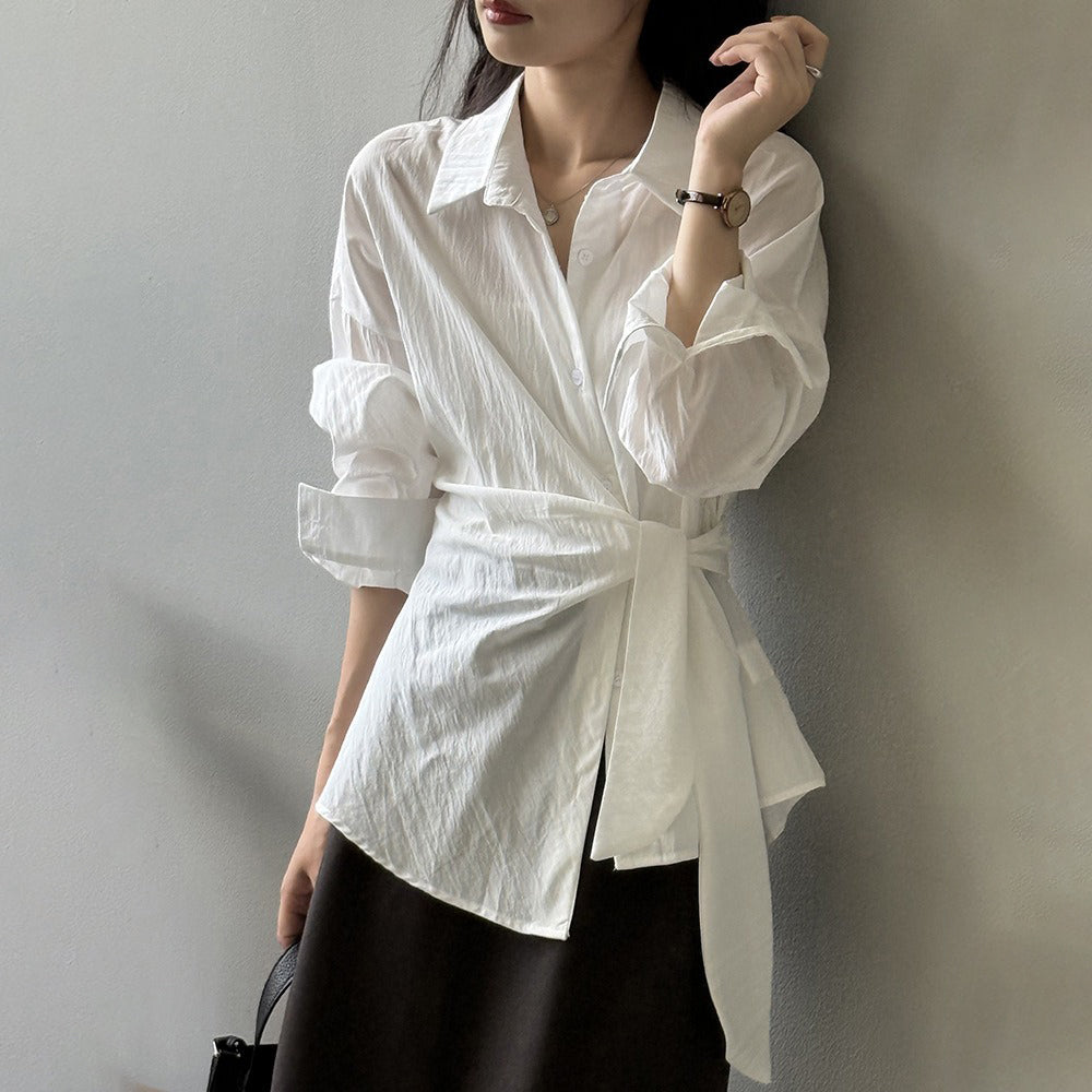 【トップス】テンセルコットン ウエストリボン シャツ レディース 秋新作 開襟シングルボタン ゆったり細見え シャツ【JZシリーズ】