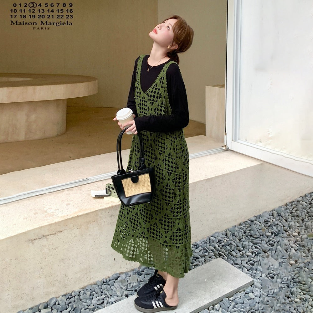 【セットアップ】透かし編みニットワンピースセット レイヤード風 レディース 韓国風 雰囲気2点セット【JZシリーズ】