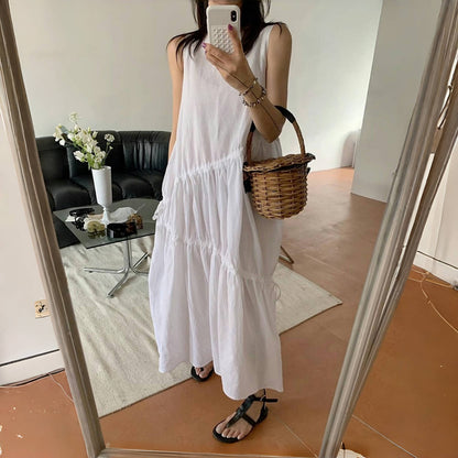 [連身裙] 夏季圓領寬鬆不規則無袖連身裙