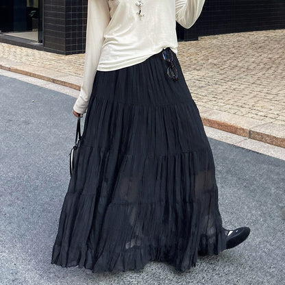 【ボトムス】春夏新作 レディース シフォンロングスカート ハイウエスト 体型カバー 切り替え ティアードスカート リゾート風【JZシリーズ】