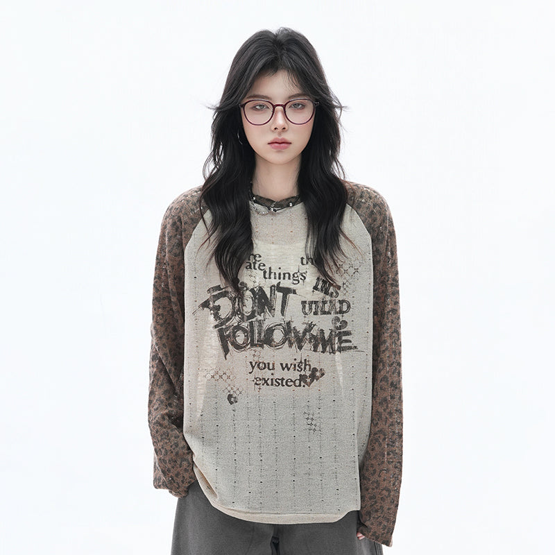 【トップス】ヒョウ柄プリントシアーTシャツ レディース 薄手 長袖 ストリートカジュアル【FCシリーズ】